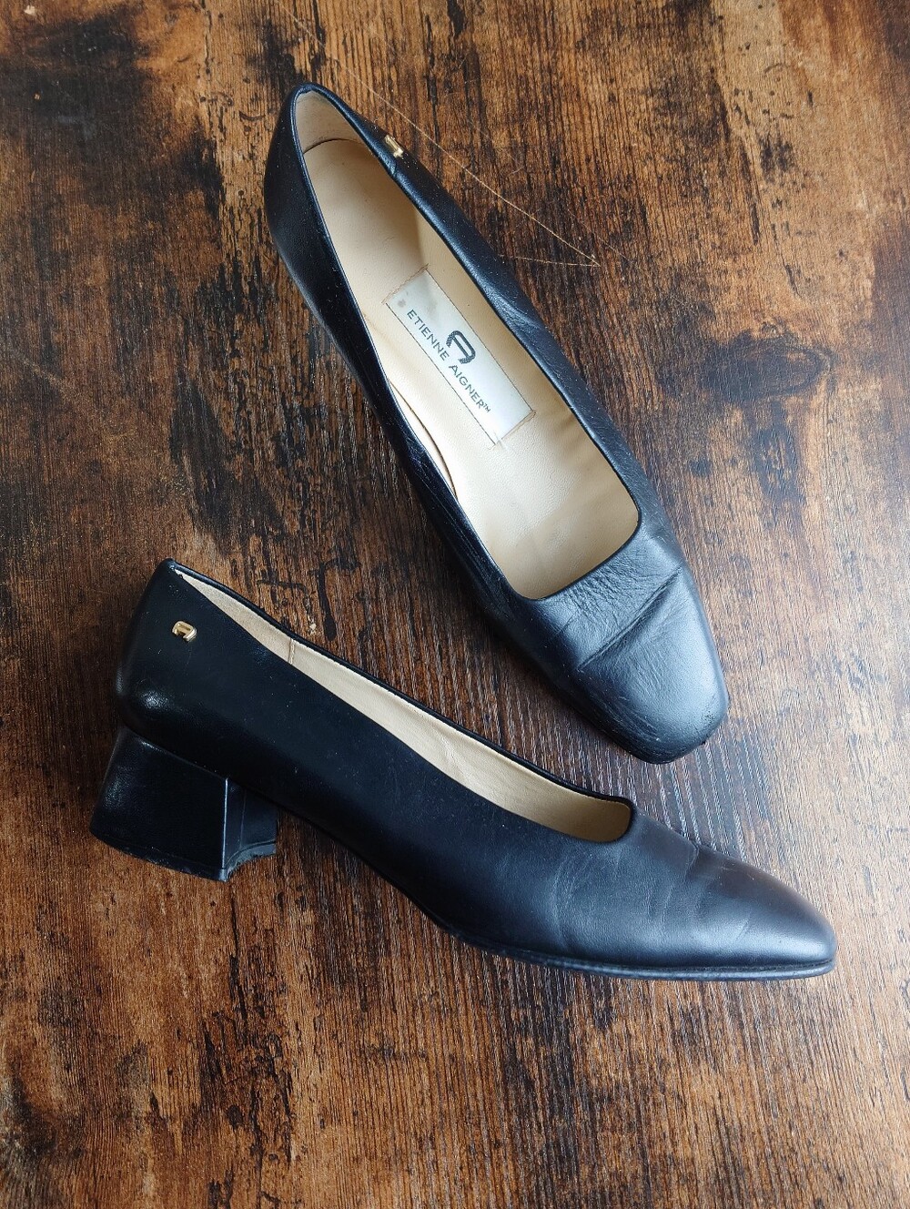 Etienne Aigner Black Leather Pumps Size 6.5M Block Heel Vintage